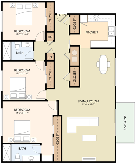 Floor plan for 3 beds, 2 baths, 1420 sqft